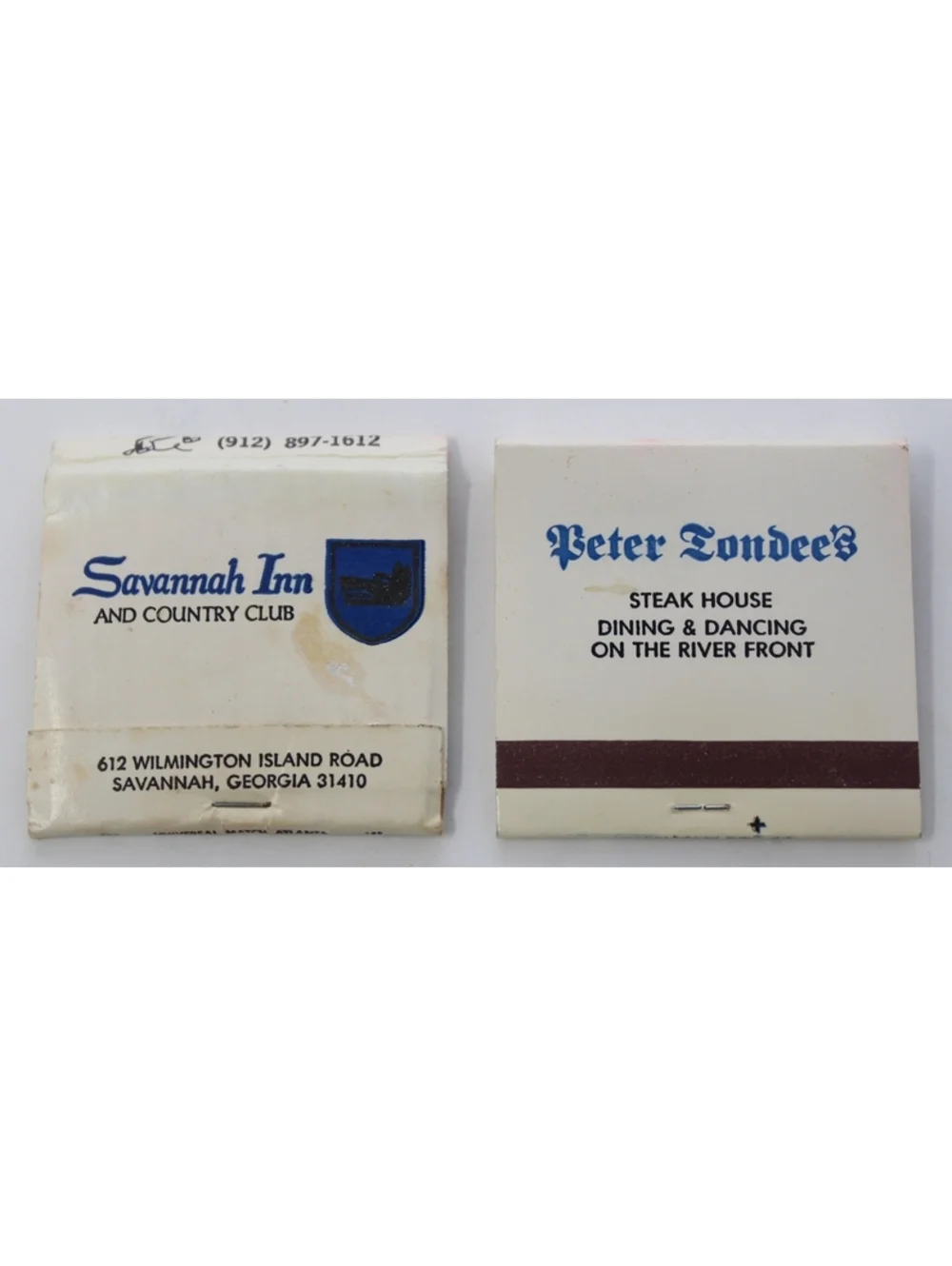 Vintage 2 Matchbooks Savannah Inn & Country Club Peter Tondee's Steakhouse 1960s